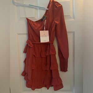 NWT Blue Blush Burnt Orange one shoulder ruffle dress Size Small